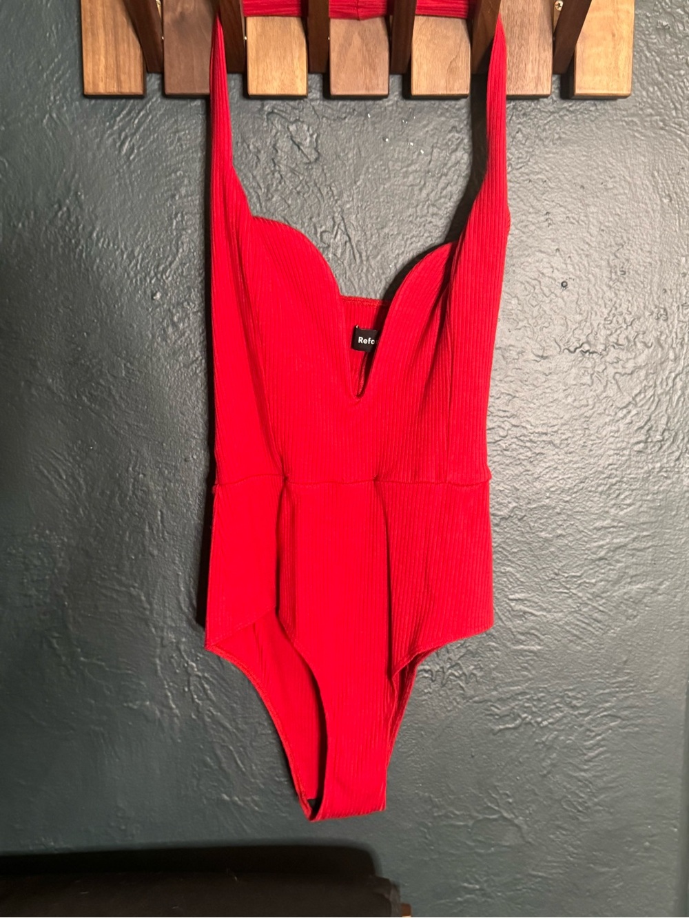 Reformation: Red Ribbed One-Piece Bodysuit with plunge neckline